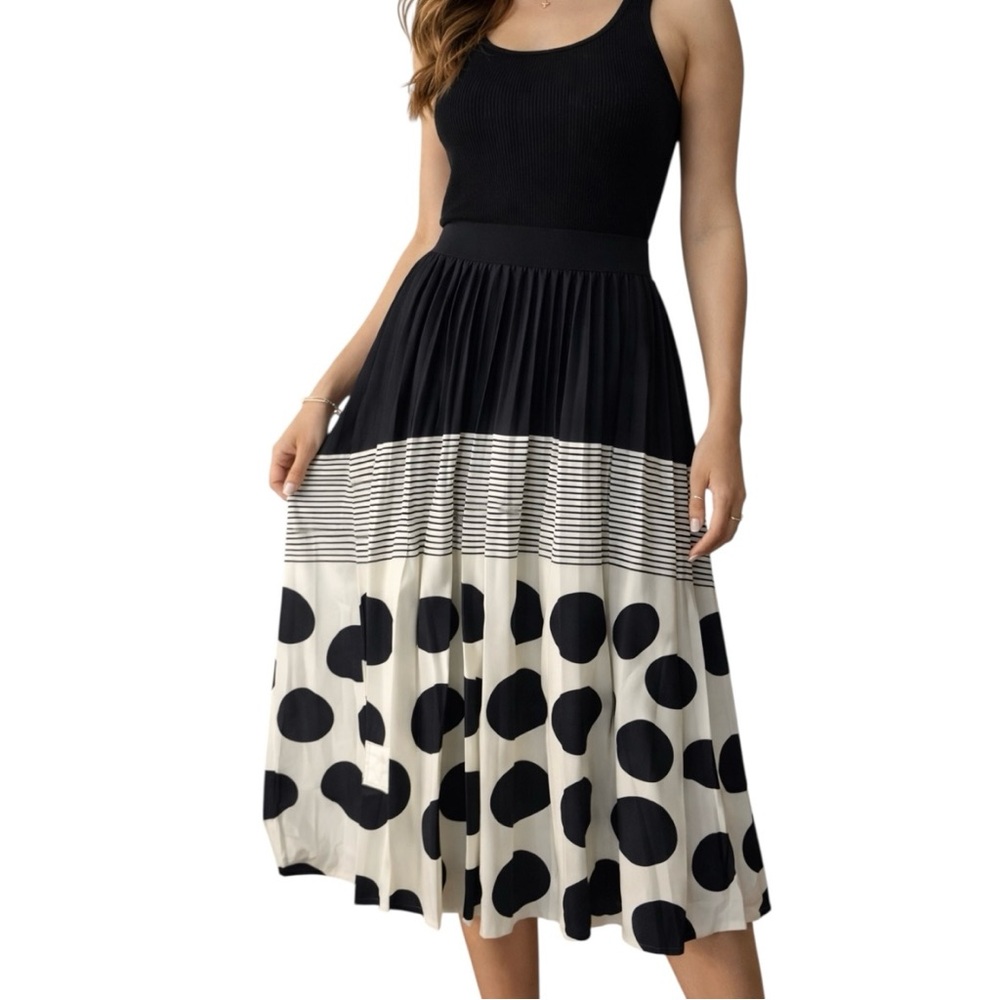 Chic Pleated Polka Dot Midi Skirt Elastic Waist Black White XS/S